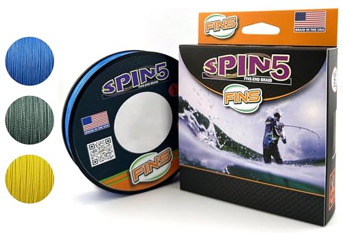 FINS Spin5 Advanced 5-End Braided Fishing Line - USA Made - Superior Roundness for Longer Casts, Ideal for Spinning & Baitcasting Reels - Blue - 25 lb - 150 Yds