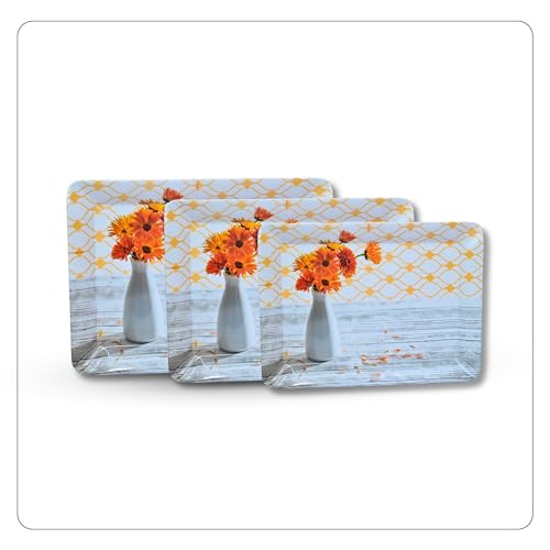 Image of Printed Rectangular Melamine Serving Tray| Tray for Serving Tea, Coffee, Snacks | Break Resistant| Double Laminated | Multi-use | Easy to Clean| | Tray Set of 3 (Small, Medium, Large)(Flower vase)