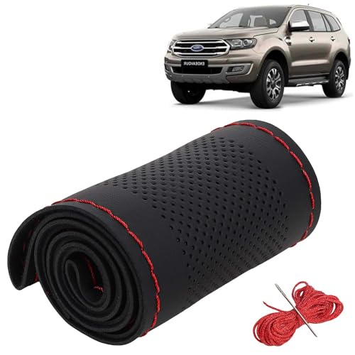 Image of KINGSWAY PU Leatherite Car Steering Cover Sewable Compatible with Ford Endeavour (Year 2019-2021), Black Color with Red Thread, Pack of 1 with Sewing Needle and Thread