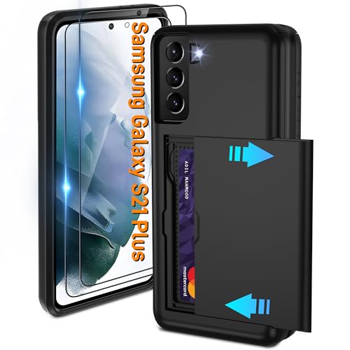 Pilaru Sliding Card Holder Case for Samsung S21 Plus | Hidden Slot Cards | 2 screen protectors | Shockproof & Anti-Slip Protective Wallet Cover | Durable Dual-Layer Design for Galaxy S21 Plus Black