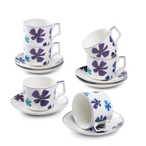 GuangYang 7oz Tea Cups set of 6, Fancy Color Flowers Design (Durable Porcelain for Hot Tea, Coffee, Latte,Small Macchiato, Cappuccino, Chocolate Drinks and Party)