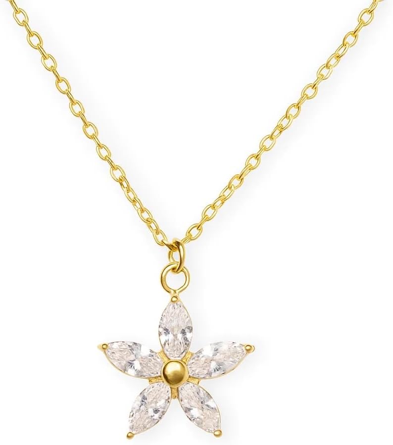Dainty 14K Gold Plated Flower Choker Necklace for Women, CZ Crystal Pendant on Adjustable Stainless Steel Chain, Minimalist Jewelry Gift