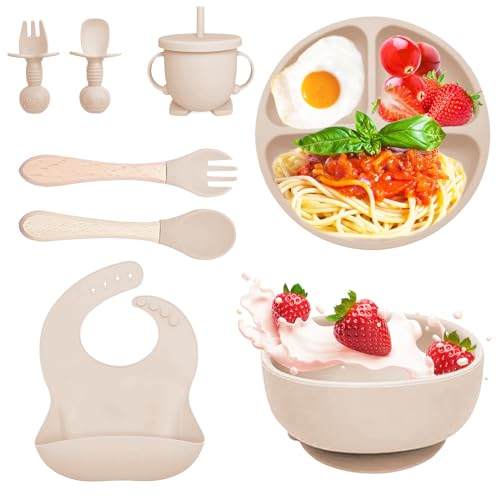 Bizcasa Coffret Repas Bébé 8 Pièces Silicone Antidérapant Avec Ventouse - Beige