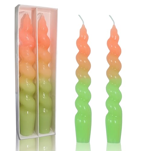 Gedengni Spiral Taper Candles Orange Green Twisted Candles Sticks Unscented Candle Set of 2 Colorful 7.5inches Candle for Wedding Dinner Decoration