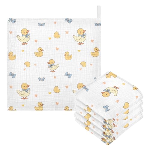 Image of vvfelixl Baby Muslin Washcloths Duck with Ribbon Baby Burp Cloths Cotton Babys Face Towel for Newborn Infants Boys Girls Soft and Absorbent 11.8 X 11.8 in, 3 Pack