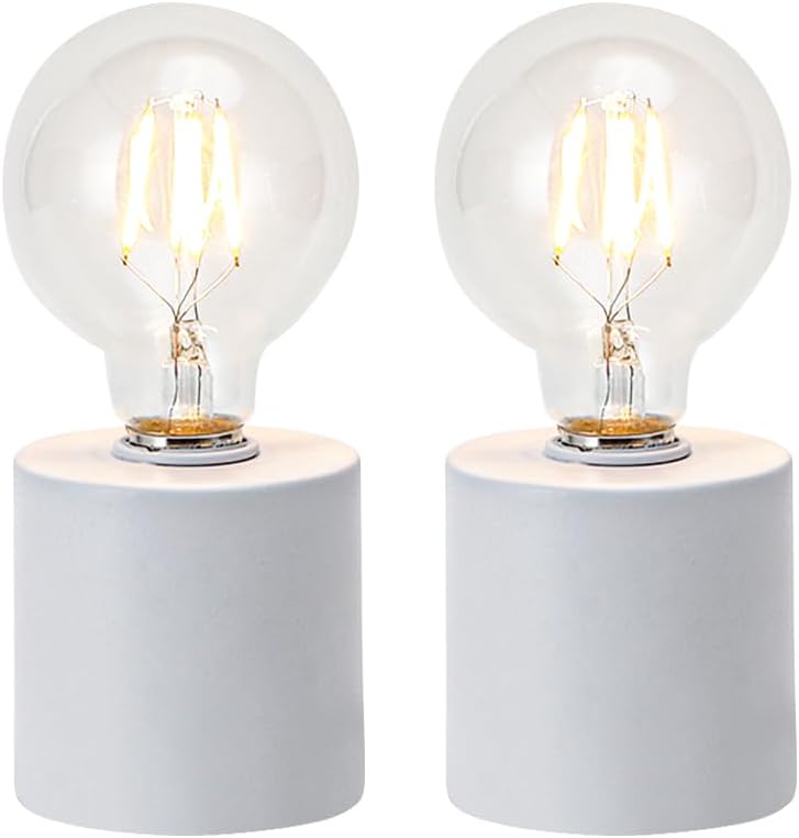 JHY DESIGN Set of 2 White Table Lamp Battery Powered 7" Tall Cordless Lamp Light with Edison Style Bulb Battery Operated Great for Living Room Bedroom Weddings Parties Patio Events