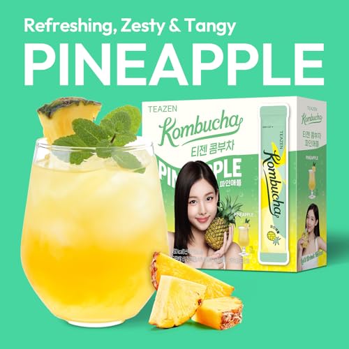 Image of TEAZEN Pineapple Kombucha Powder, Hydration Drink Mix, Sugar Free, Live Probiotics & Prebiotics, On-the-Go 30 Packets, 5.29oz