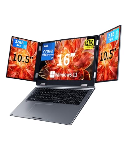 Laptop mit 3 Bildschirmen, 16 Hauptdisplay + 2x10,5, i7-12700H, 32GB RAM, 2TB SSD, Win 11 Pro, Wi-Fi 5, BT 5.0, Gesicht-/Fingerabdruck, deutsches QWERTZ-Layout, USB-C, HDMI
