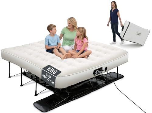 Image of Ivation EZ-Bed (King) Inflatable Air Mattress with Frame & Built-in Pump - 3 Min Self Inflate /Deflate - Raised Blow up Bed with Legs, Auto Shut Off, Premium Coil Design, Wheeled Portable Case
