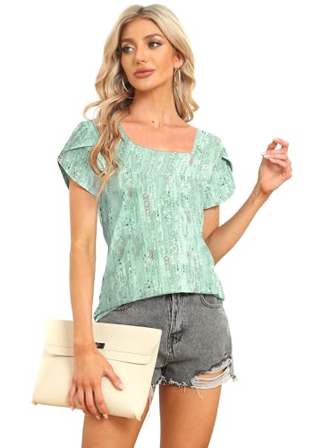 Image of Womens Petal Sleeve Tops Summer Trendy T Shirt Casual Loose Square Neck Button Blouse Tees