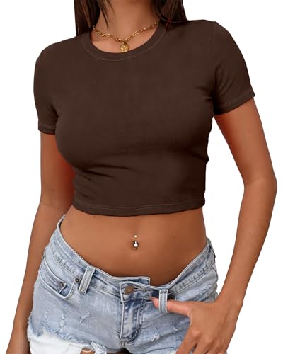 Dwnval Womens Cute Crew Neck Short Sleeve Crop Tops Casual Ribbed Stretchy Mini T Shirt(Brown, Small)
