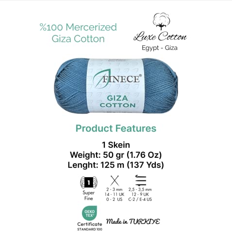 Finece Giza Cotton, 100% Mercerized Giza Cotton Yarn, Super Fino 1 Yarn For Crocheting And Knitting 2X1.76 Oz (2X50G) / 2X137 Yrds (2X125M) (2 Skeins, 1039 - Jean Blue) #TOP1