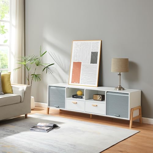 [en.casa] Mueble de TV Kvaefjord con 2 Puertas de Persiana 2 Cajones y 2 Compartimentos Abiertos Pasacables Mueble de Salón con 2 Pasacables Traseros Mesa TV MDF Bambú 160x40x52cm   Blanco Gris