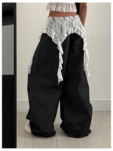 GORGLITTER Women's Y2k Baggy Wide Leg Pants Floral Lace Ruffle Zip Up Parachute Pants Oversized Vintage Trousers 20253