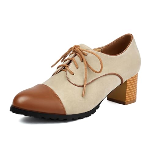 UFEDO Classic Womens Lace Up Wingtip Pump Pointed Toe Block High Heels Oxfords