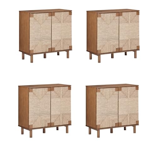 Image of Nathan James Beacon Boho Accent Cabinet with Doors, TV Stand with Adjustable Interior Shelf and Seagrass Accent, Dark Brown, Set of 4