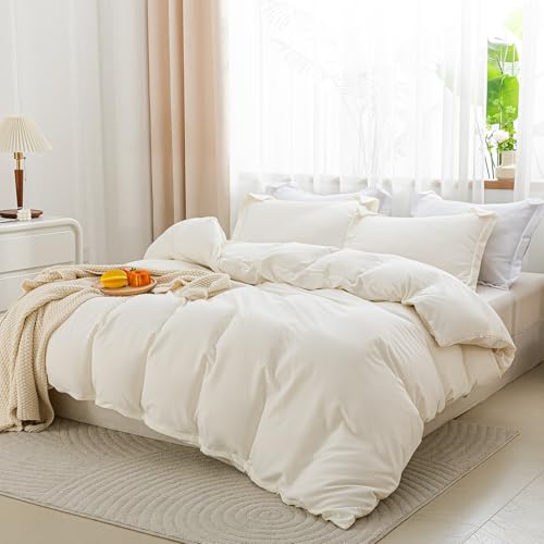 Image of SheRest Beige Duvet Cover King Size - Soft Brushed Microfiber, 3 Pieces, 1 Duvet Cover 104x90 Inches with Zipper Closure 8 Ties & 2 Pillow Shams, Breathable Bedding Set for All Season (No Comforter)