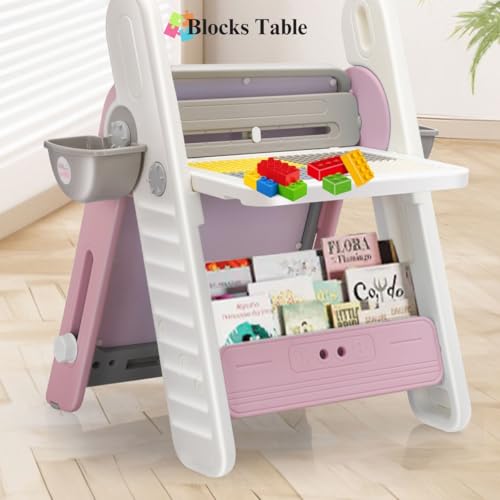 Image of Little Olive 3 in 1 Kids Activity Table and Chair Set with Drawing Board and Easel | Pink Convertible Study Desk for Children | DIY Space Saving Learning Station for Toddlers Ages 3 to 7 Years