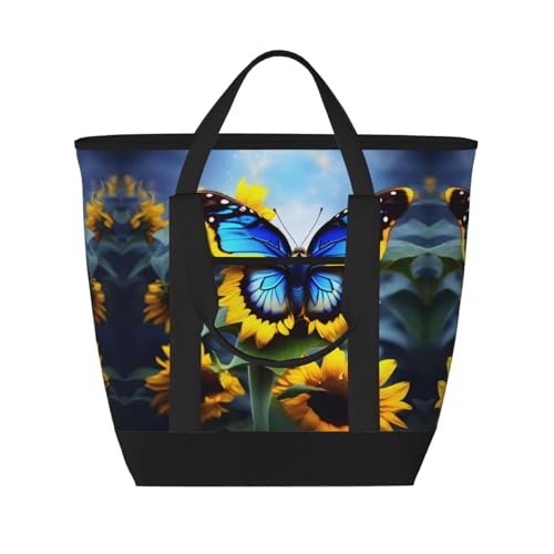 WANLON Bolsa de mano aislada de gran capacidad con diseño de mariposa azul girasol, reutilizable, hombro ajustable, perfecta para el trabajo, picnic y viajes, Black, Talla única