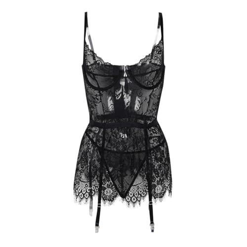 Lencería para mujer, ropa de dormir de encaje, ropa de hogar cómoda, para todo el año, diseño elegante, material suave, Negro , S