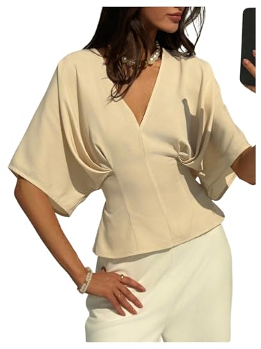 Floerns Women's Elegant Blouse V Neck Dolman Sleeve Tie Back Dressy Casual Shirts
