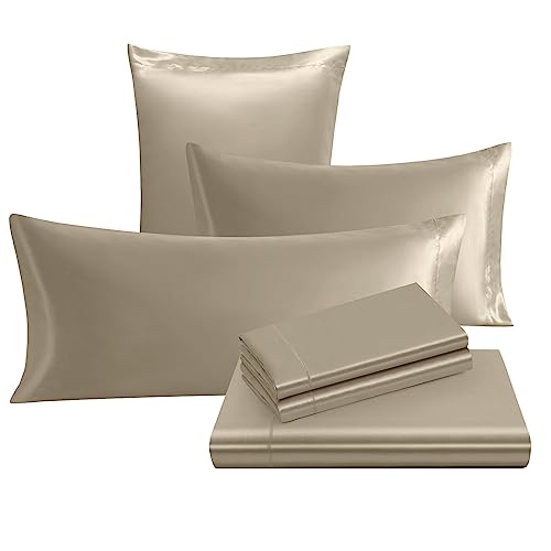 Image of Ersmak Luxury 7-Piece Silky Sand Satin Bed Sheets Set - King Size with Deep Pocket, Flat Sheet, 4 Pillowcases & Body Pillowcase