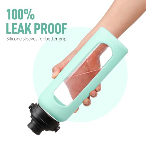 Image of 32oz Glass Water Bottle with Straw and 2 Lids, Mint Green | Bamboo and Spout Lid, Non-slip Silicone Sleeve, with Motivational Time Marker, Reusable for Gym, Sports, Outdoors