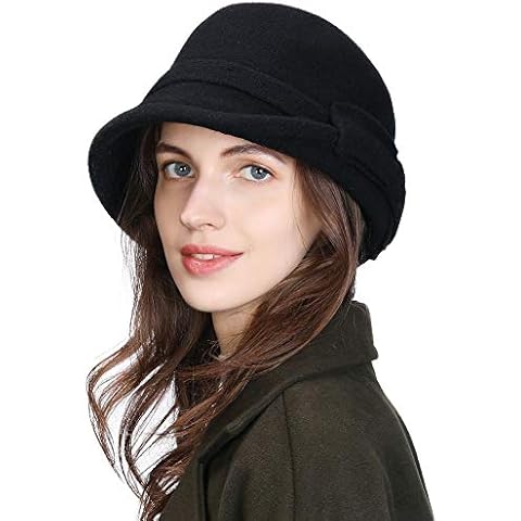 Jeff & Aimy Women Winter Wool Felt Cloche Hat Ladies 1920s Vintage Bowler Bucket Hat Warm Soft Black Cover