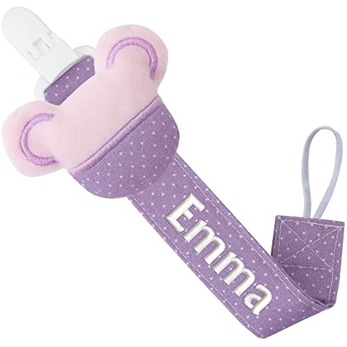 Panny & Mody Attache-tétine personnalisée avec nom, porte-tétine personnalisable en tissu de coton souris avec nom de bébé brodé dessus, idéal pour la fête prénatale-Violet Cover