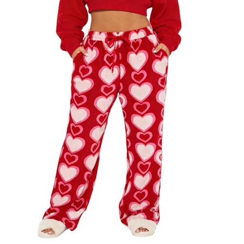Image of Valentine's Day Flannel Pants Women's Romantic Heart Print Elastic Drawstring Waistband Wide Leg Loose Fit Trousers