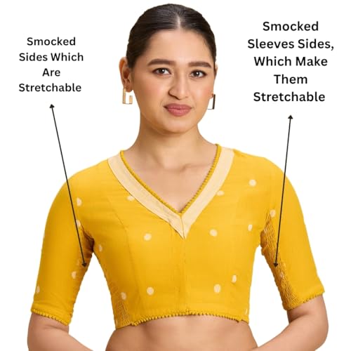Image of Studio Shringaar Women's Mustard Yellow Handloom Cotton Stretchable (Smocked) Readymade Saree Blouse