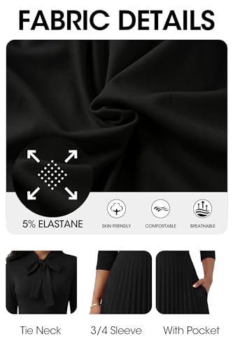 Image of FANDEE Maxi Dress for Women Formal 3 /4 Sleeve Pleated Empire Long Dress Semi Formal Tie Neck Office Work Dresses