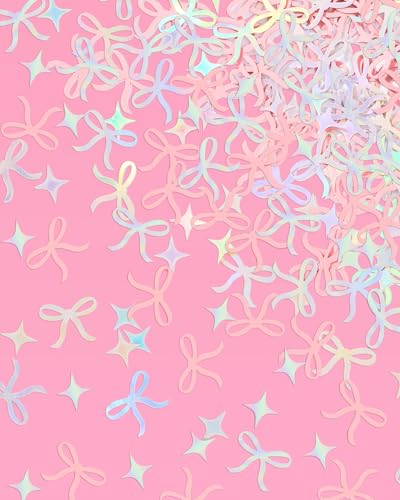 Image of xo, Fetti Bow Confetti - 200 pc | Bachelorette Party Pink and Iridescent, Engagement Party Decoration, Tying the Knot Table Decor, Bride To Be Coquette Ribbon Bridal Shower Supplies (Pack of 3)