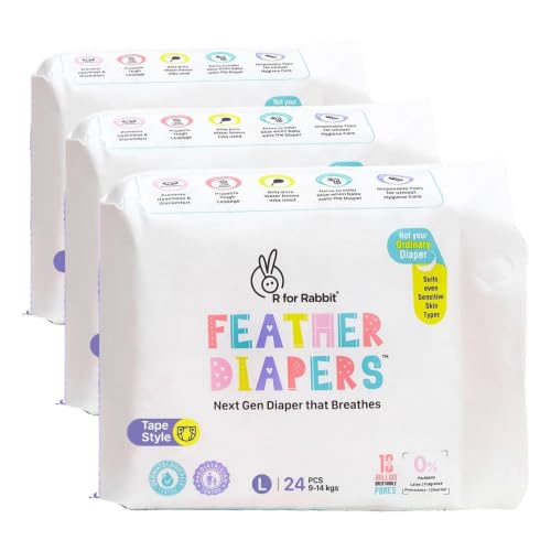 Image of R for Rabbit Tape Style Feather Diaper Large (L) Size for Baby 9 to 14 kgs 24 Units (24 Count, Pack Of 3)
