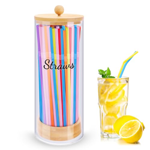 JYPS 10-Inch Acrylic Straw Dispenser with Bamboo Lid stickers, with 100 Colorful Straws, Transparent Counter Container Countertop Organizer for Kitchen, Office,Cabinet Storage, Holds Pencils, Cutlery
