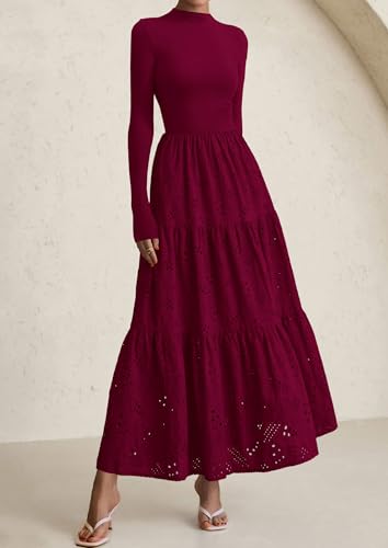 PRETTYGARDEN Long Sleeve Dress for Women 2025 Fall Eyelet Mock Neck A Line Elegant Classy Maxi Wedding Guest Dresses Pockets2