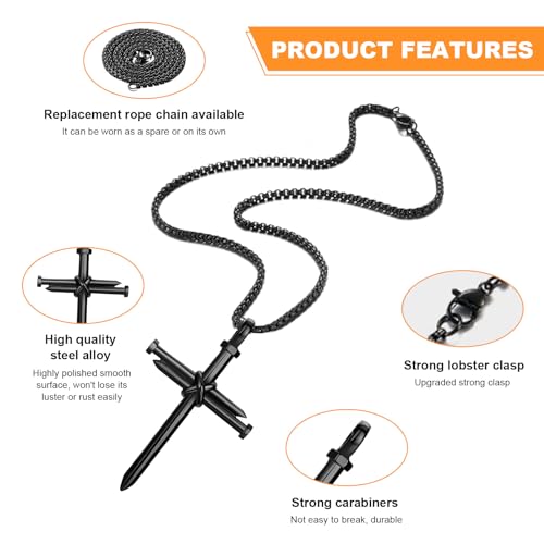 2PCS Nail Cross Pendant for Men, Hanging Cross Car Rearview Mirror Hanging Chain with 3 Nail, Stainless Steel Religious Cross Decoration(Black)4
