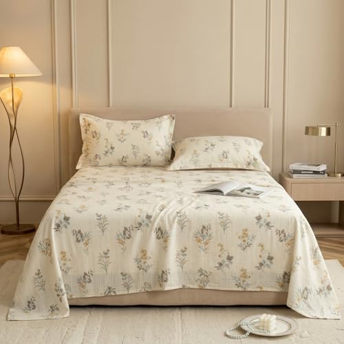 Image of VAS COLLECTIONS King Size Bedsheet Set Cloud Cotton 270x240 cm | Soft Breathable Flat Bed Sheet with 2 Pillow Covers | Floral Printed Bedsheet for King Bed | Durable Bedding Set, Botanical Mustard