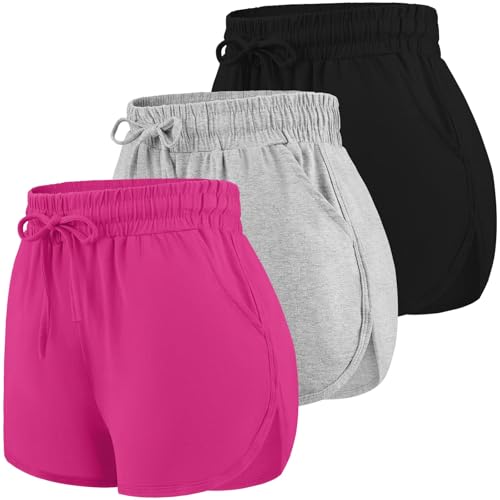 URATOT 3 Packs Women Sport Shorts Cotton Yoga Running Workout Shorts Summer Athletic Pant with...