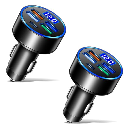 5 Port USB Car Charger(4USB+Type C) Compact Fast Charger Cigarette Lighter Adapter with LED&Voltage Monitor, Compatible with iPhone 14/Pro MacBook, iPad Pro/Air, Galaxy All Smart Phone (2Pcs)