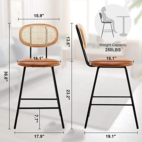 Amadi Counter Stools Rattan Back Dining Chair, Indoor Faux Leather Bar Stools Set Of 2, Armless Dining Chairs With Rattan Backrest, Modern Metal Counter Height Barstools For Home Whiskey Brown,24" #TOP1