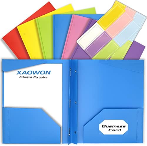 6 Packs Colored File Folders Letter Size, 2 Pocket Folders with Prongs, 3 Prong Folders Bulk, Presentation Folder with Adhesive Lables