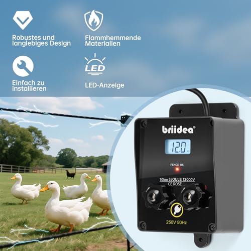 230V Weidezaungerät mit LCD-Anzeige, Briidea 12.000 V 3 Joule Elektrischer Zaunladegerät, 10 km Reichweite, Sicherer und Effektiver Tierschutz für Nutztiere, Garten und Weide