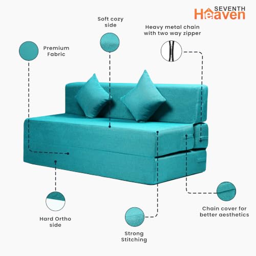 Image of Seventh Heaven Rejioce 3 Seater 5 * 6 Jute Fabric Washable Cover Sofa Cum Bed with 2 Cushions 3 Seater Double Foam Fold Out Sofa Cum Bed (Finish Color - Blue Delivery Condition - Pre-Assembled)