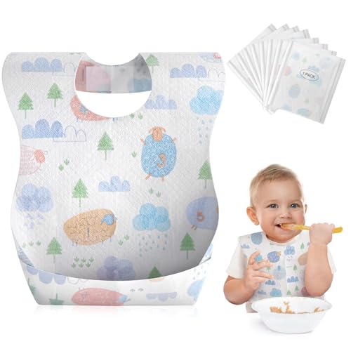 Image of Babebay Disposable Bibs, 30 pcs Individually Packaged with Catcher and Leakproof Liner for Toddler Feeding, Baby Travel Essential, Graffiti Sheep