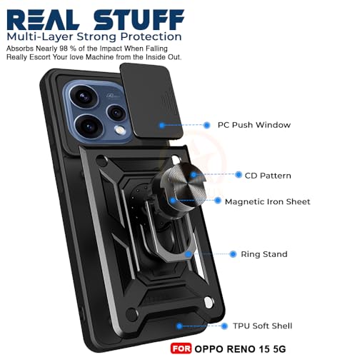 Image of Armor Bumper Back Cover Case for Oppo Reno 15 5G Rotating Camera Cover, Ring Holder & Kickstand | Heavy Duty & 360 Degree Protection Oppo Reno 15 5G Back Cover (Black)