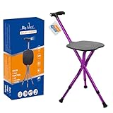 BigAlex Alloy Folding Cane with Seat, Lightweight Adjustable Walking Cane with Seat, Cane Seat with LED for Woman/Man, Comfortable Handle and 3 Non-Slip Legs, Walking Stick for Seniors,Purple
