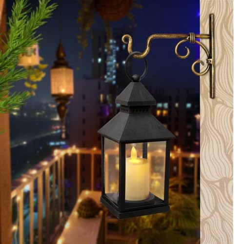 Image of Vintage LED Lantern Light with Flickering Candle, Battery Operated Hanging Lamp, Antique Glass Lantern for Home Decor, Diwali Decoration Lights, Table & Wall Hanging Lamp Black vivinin (Set 1)