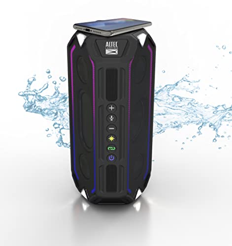 Altec Lansing HydraBoom Bluetooth Speaker, USB Type-C Rechargeable Portable Speaker and Wireless Charger for Phone, Stereo Speaker with LED Lights, Floats in Water, 16 Hour Playtime (Black)