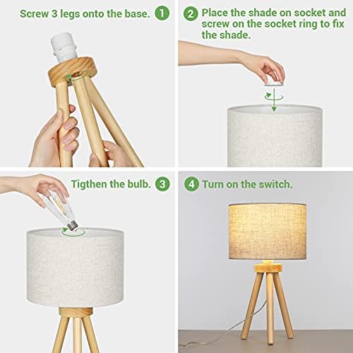 EDISHINE 16.7in Table Lamp, Wood Tripod Bedside Lamp, Beige Linen Lamp Shade, Desk Lamp for Bedroom, Living Room, Office, Kids Room, College Dorm, Nightstand, Bookcase, E27 Base